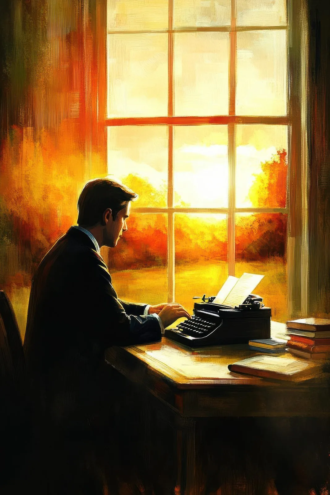 A painting of Ernest Torrs at his typewriter by a window at golden hour