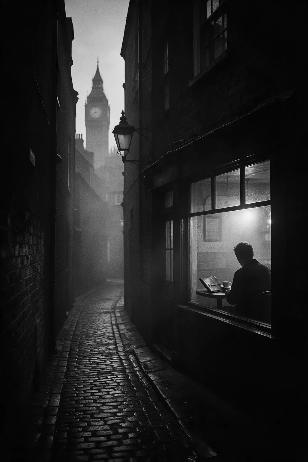 A London lane at dusk on a stifling July evening: a café window, a man alone with a notebook, the Elizabeth Tower at the end of the lane